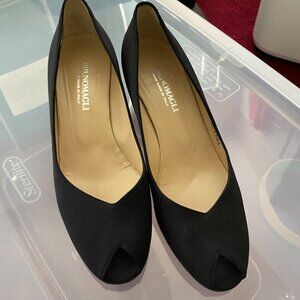 Bruno Magli Nisako Black Microfiber Peep Toe Wedge Heels Women’s Size 7.5 B